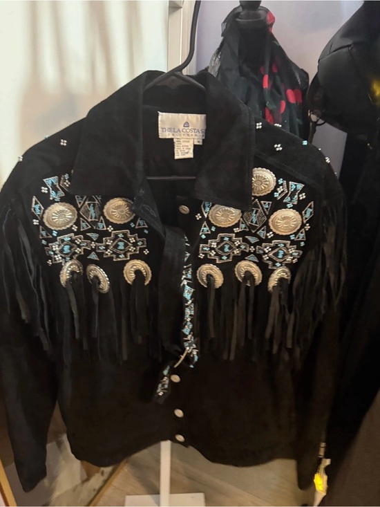 Jackets & Blazers - Black Suede Fringe Jacket with Turquoise Embroidery